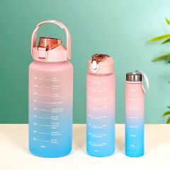 3pcs/set (3 In 1) Large Capacity Sport Motivational Water Bottle Portable Gradient Plastic Drinking Cup Outdoor Travel Fitness Straw Cup Drinkware
