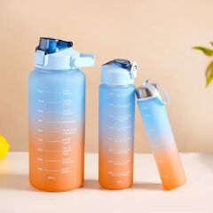 3pcs/set (3 In 1) Large Capacity Sport Motivational Water Bottle Portable Gradient Plastic Drinking Cup Outdoor Travel Fitness Straw Cup Drinkware