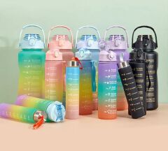 3pcs/set (3 In 1) Large Capacity Sport Motivational Water Bottle Portable Gradient Plastic Drinking Cup Outdoor Travel Fitness Straw Cup Drinkware