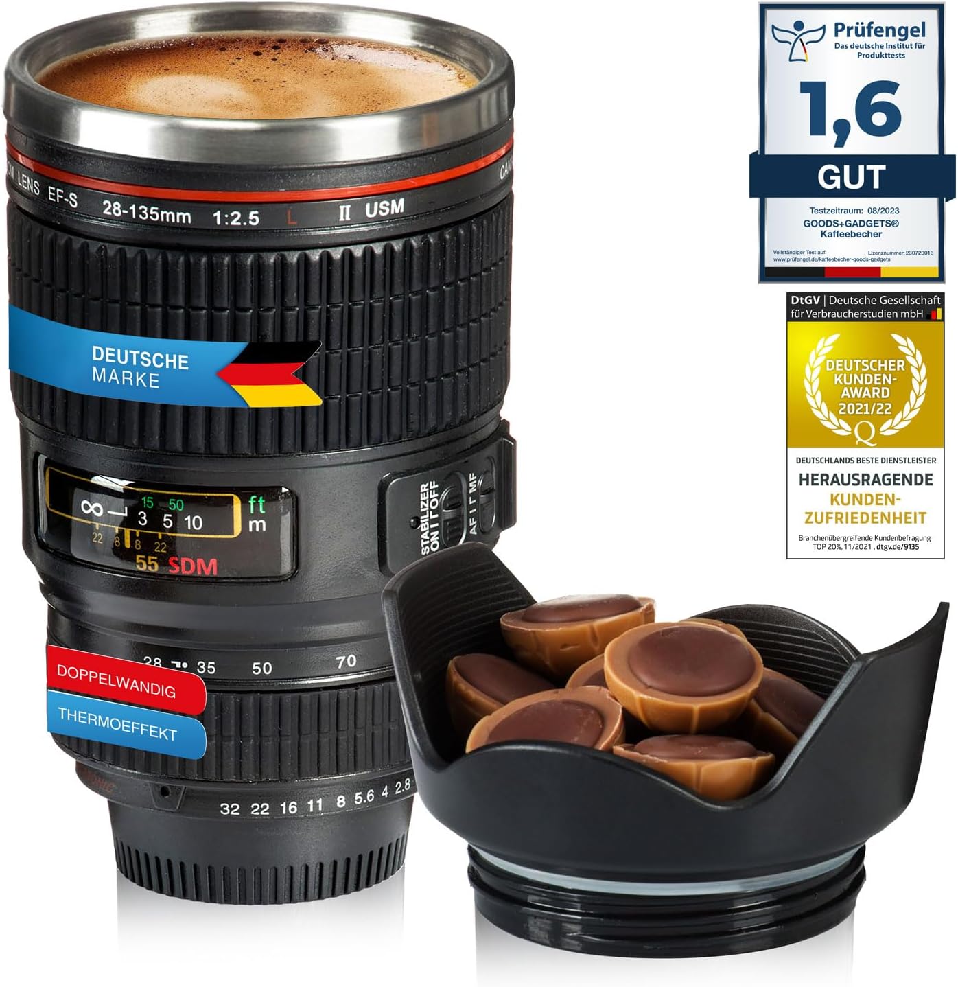 Thermo Mug Camera Mug Camera Lens Coffee Mug Coffee Mug Lens Iso-Mug 400 ml made of double-walled stainless steel with tight lid