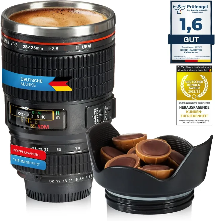 Thermo Mug Camera Mug Camera Lens Coffee Mug Coffee Mug Lens Iso-Mug 400 ml made of double-walled stainless steel with tight lid