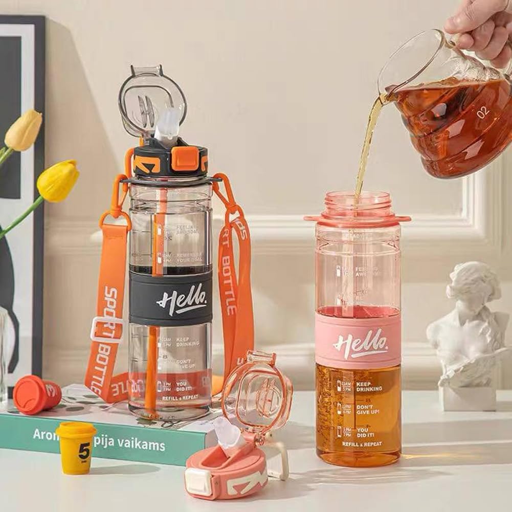 800ml Plastic Leak-Proof Transparent Sports Sipper Bottle For Gym, School, Office, Yoga, Plastic Water Bottle With Straw, BPA Free Drinking Water Bottle With Motivational Time Marker
