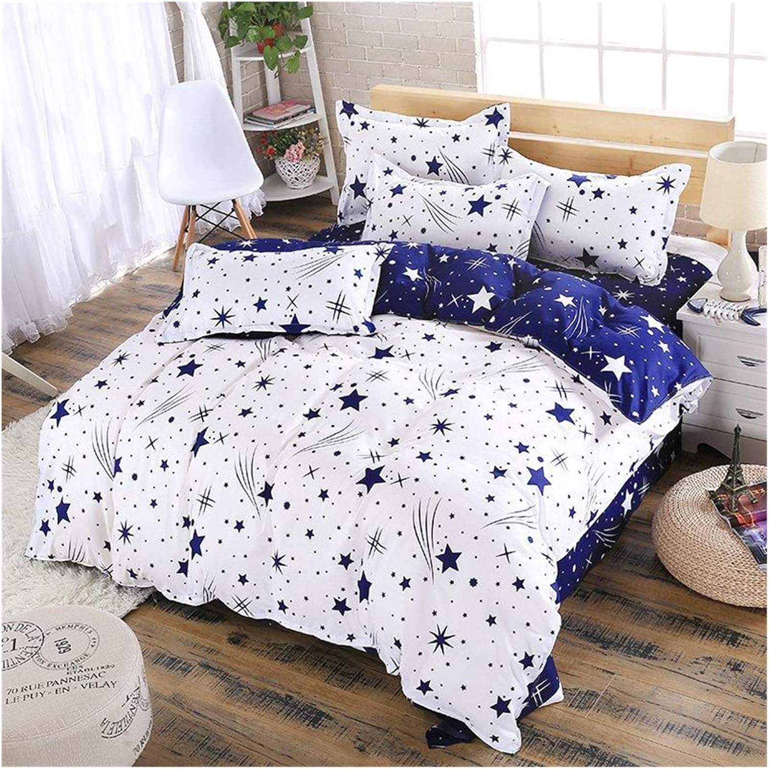 4pcs Star Duvet Print (1 Blue White duvet , 1 bedsheet & 2 Pillowcases)