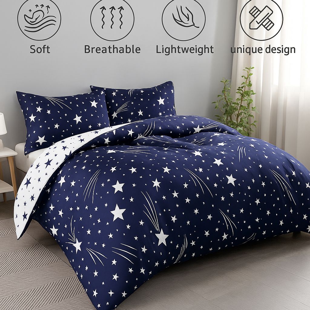4pcs Star Duvet Print (1 Blue White duvet , 1 bedsheet & 2 Pillowcases)