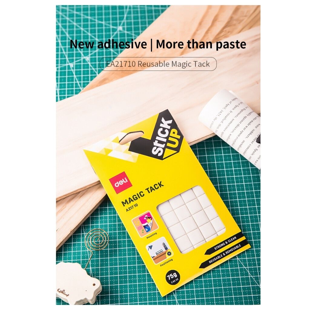 【Deli Official】DELI A21710 Magic Tack 75G Extra-Strong Reusable Adhesive Putty Non-Toxic No Residue Easy to Use  Includes 54 Durable 2x2cm Tacks in Hanging Storage Box