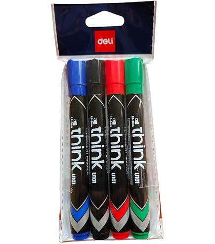 【Deli Official】DELI U10101 Think Permanent Marker Blister Pack of 4pcs Assorted (Black/Blue/Red/Green) Colors - Chisel Tip 1.5-5mm Quick-Drying, Water-Resistant Low-Odor Ink for Multi-Surface Use