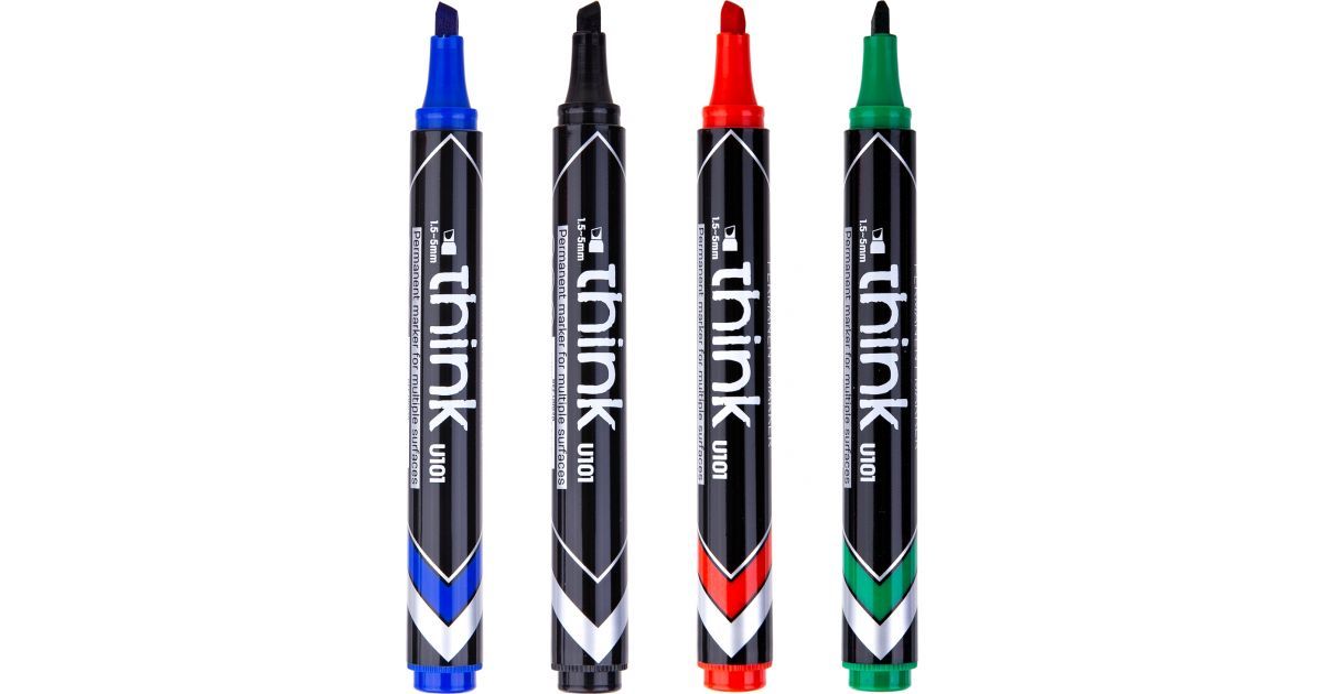 【Deli Official】DELI U10101 Think Permanent Marker Blister Pack of 4pcs Assorted (Black/Blue/Red/Green) Colors - Chisel Tip 1.5-5mm Quick-Drying, Water-Resistant Low-Odor Ink for Multi-Surface Use