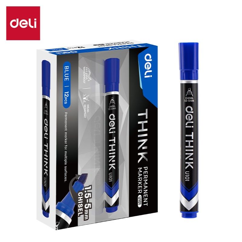 【Deli Official】DELI U10130 Think Permanent Chisel Markers (12pcs/pkt) - BLUE Bold and Long-Lasting Ink 1.5–5mm Chisel Tip for Precision,Versatility Quick-Drying Waterproof