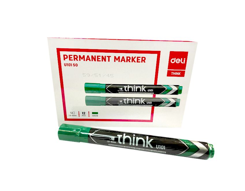 【Deli Official】DELI U10150 Think Permanent Chisel Markers - Green (12Pcs/Pkt) Waterproof & Smudge-Proof Ink 1.5–5mm Tip for Versatile Marking Low-Odor Design Quick-Drying
