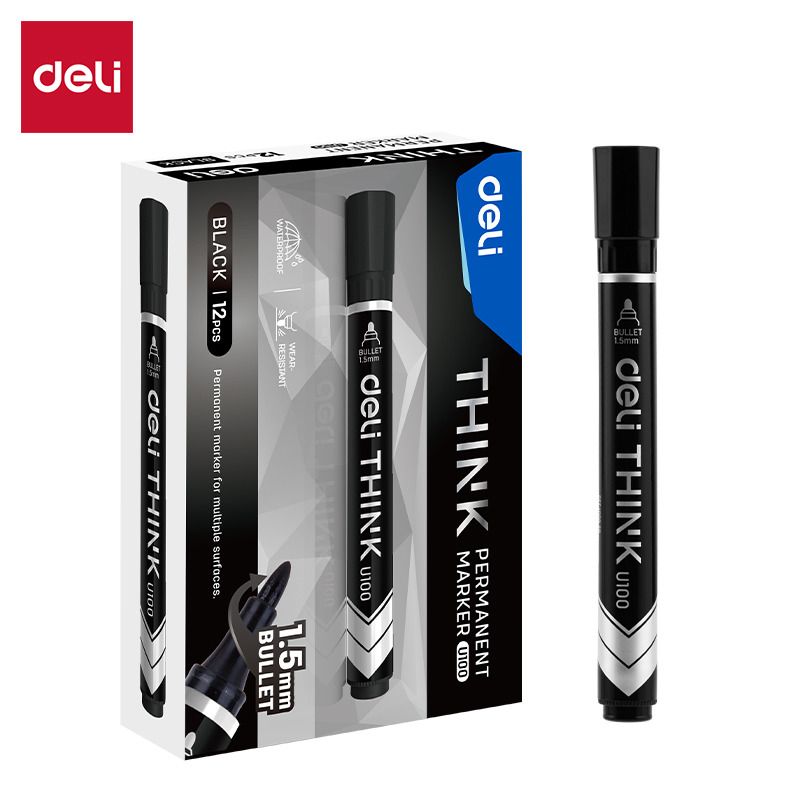 【Deli Official】DELI U10020 Think Permanent Bullet Markers - Black (12pcs/pkt) .5mm Tip Quick-Drying Waterproof Ink for Multiple Surfaces Eco-Friendly