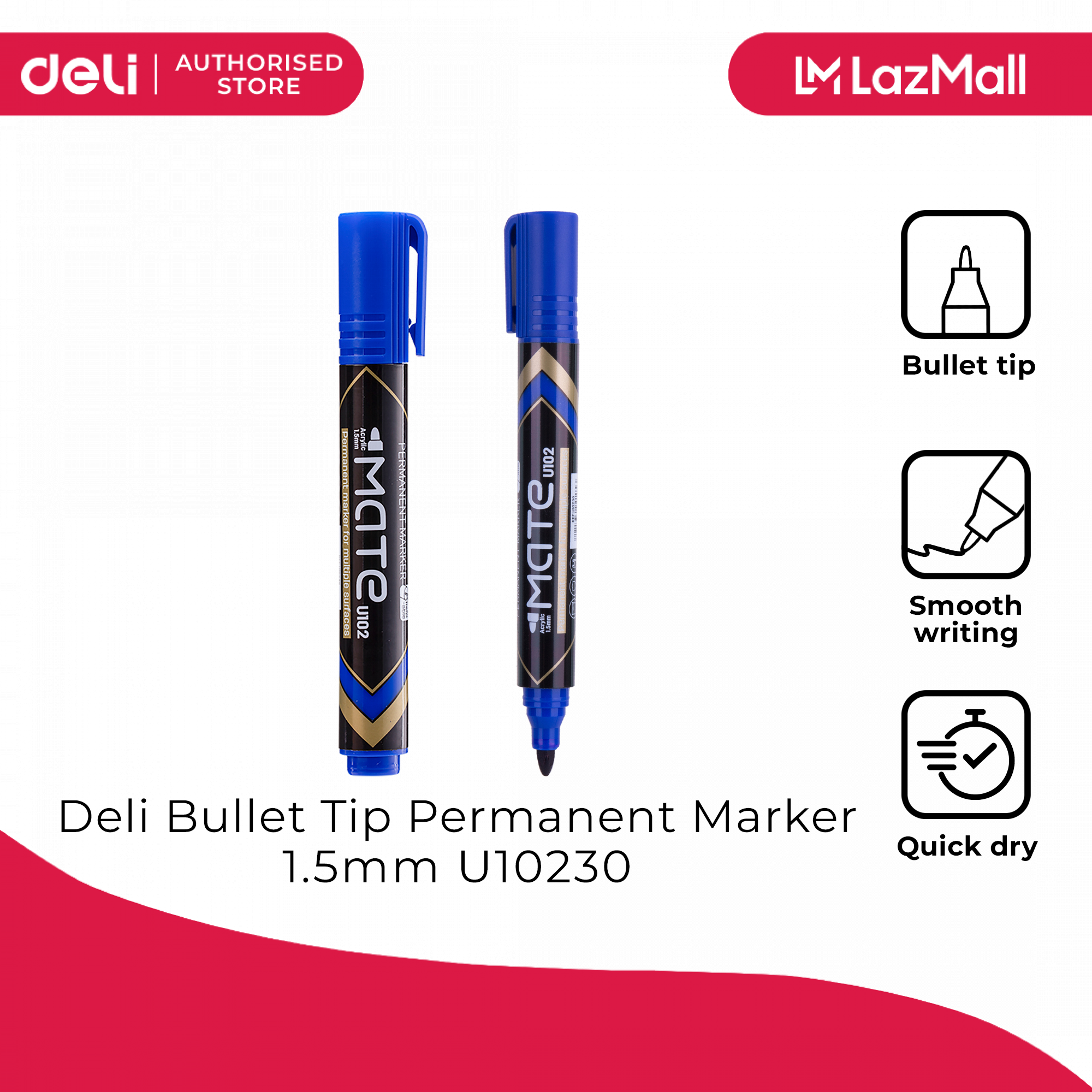 【Deli Official】 DELI U10230 Mate Permanent Bullet Refillable Markers - Blue (12pcs/pkt)E 1.5mm Tip Waterproof & Quick-Drying Ink for Multi-Surface Use Eco-Friendly ensures long-lasting marks