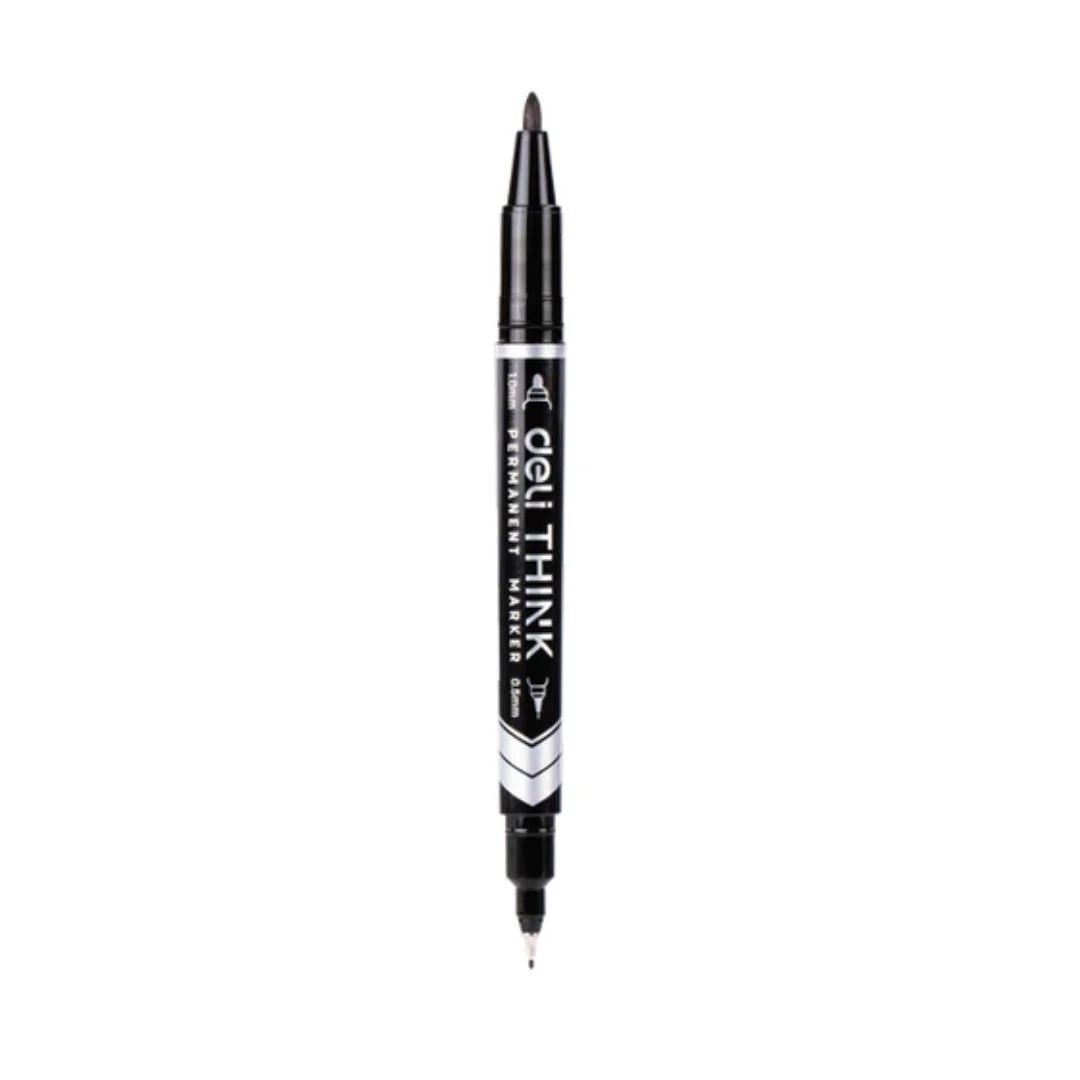 【Deli Official】  DELI U211 Think Double-Tip Permanent Markers(12pcs/pkt) Refillable with 0.5mm Fine & 1.0mm Bullet Tips Quick-Drying Waterproof Non-Toxic Ink f