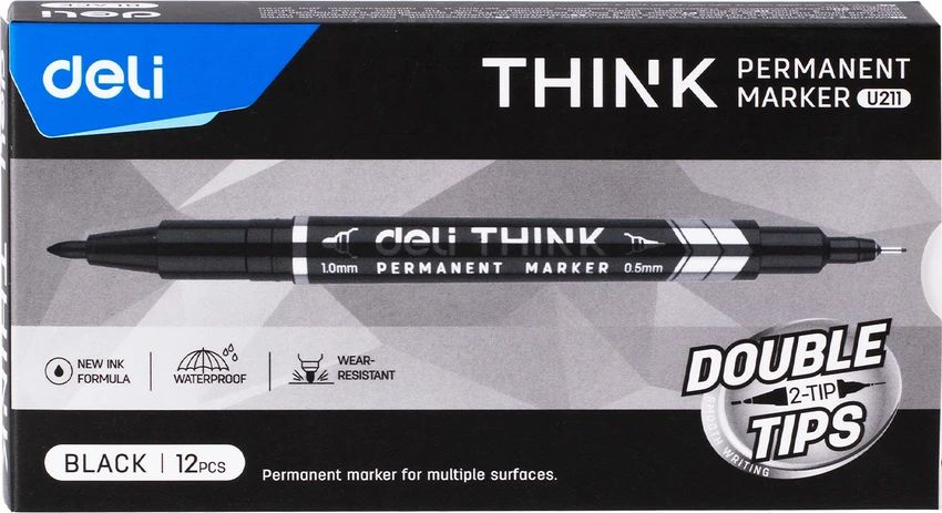 【Deli Official】  DELI U211 Think Double-Tip Permanent Markers(12pcs/pkt) Refillable with 0.5mm Fine & 1.0mm Bullet Tips Quick-Drying Waterproof Non-Toxic Ink f