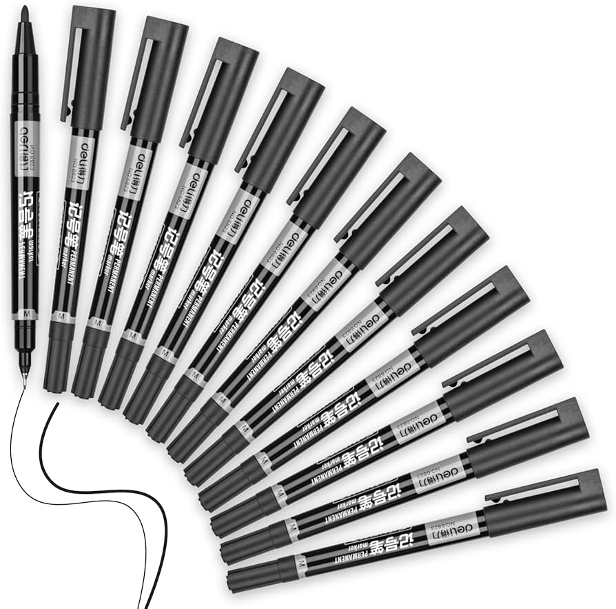 【Deli Official】  DELI U211 Think Double-Tip Permanent Markers(12pcs/pkt) Refillable with 0.5mm Fine & 1.0mm Bullet Tips Quick-Drying Waterproof Non-Toxic Ink f