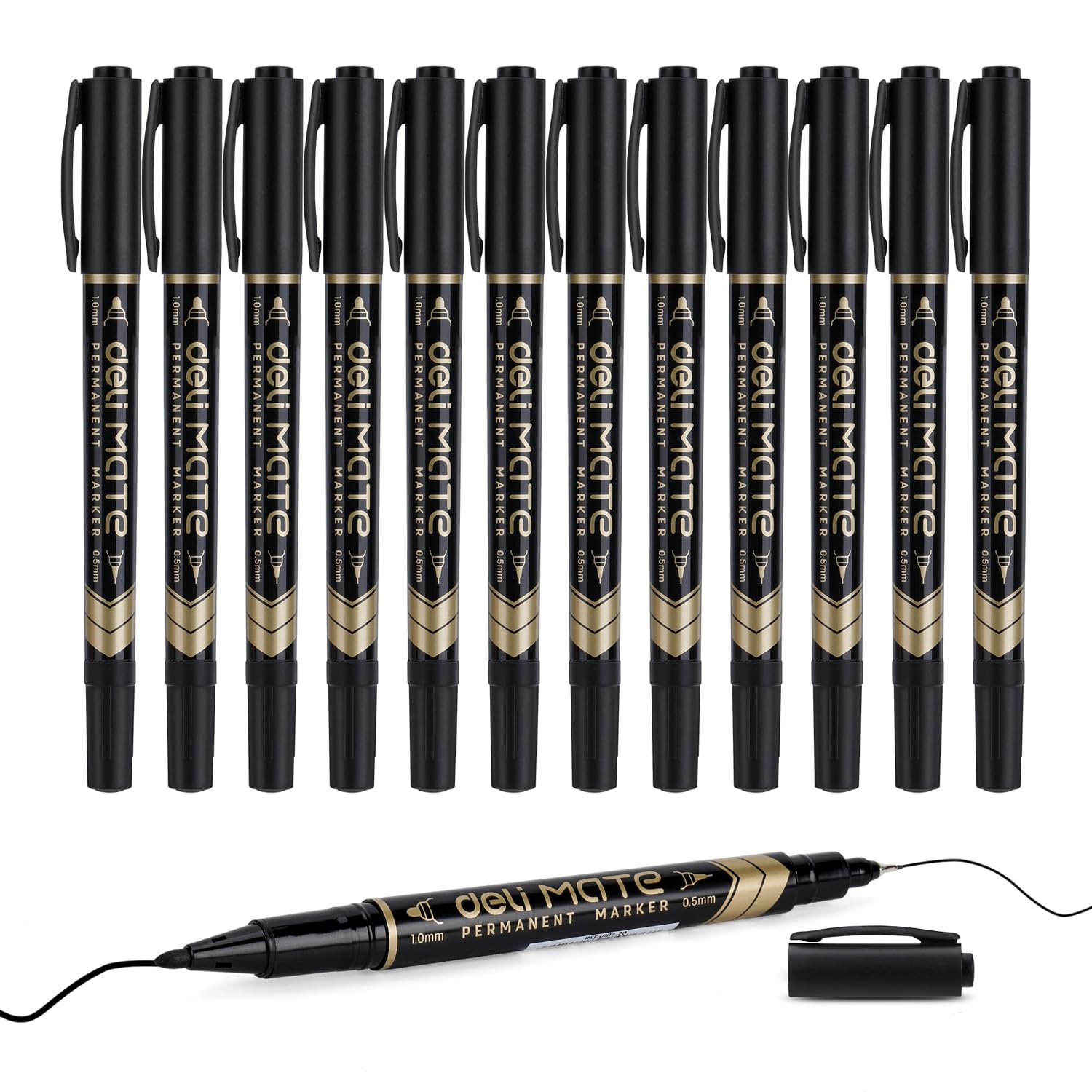 【Deli Official】  DELI U211 Think Double-Tip Permanent Markers(12pcs/pkt) Refillable with 0.5mm Fine & 1.0mm Bullet Tips Quick-Drying Waterproof Non-Toxic Ink f