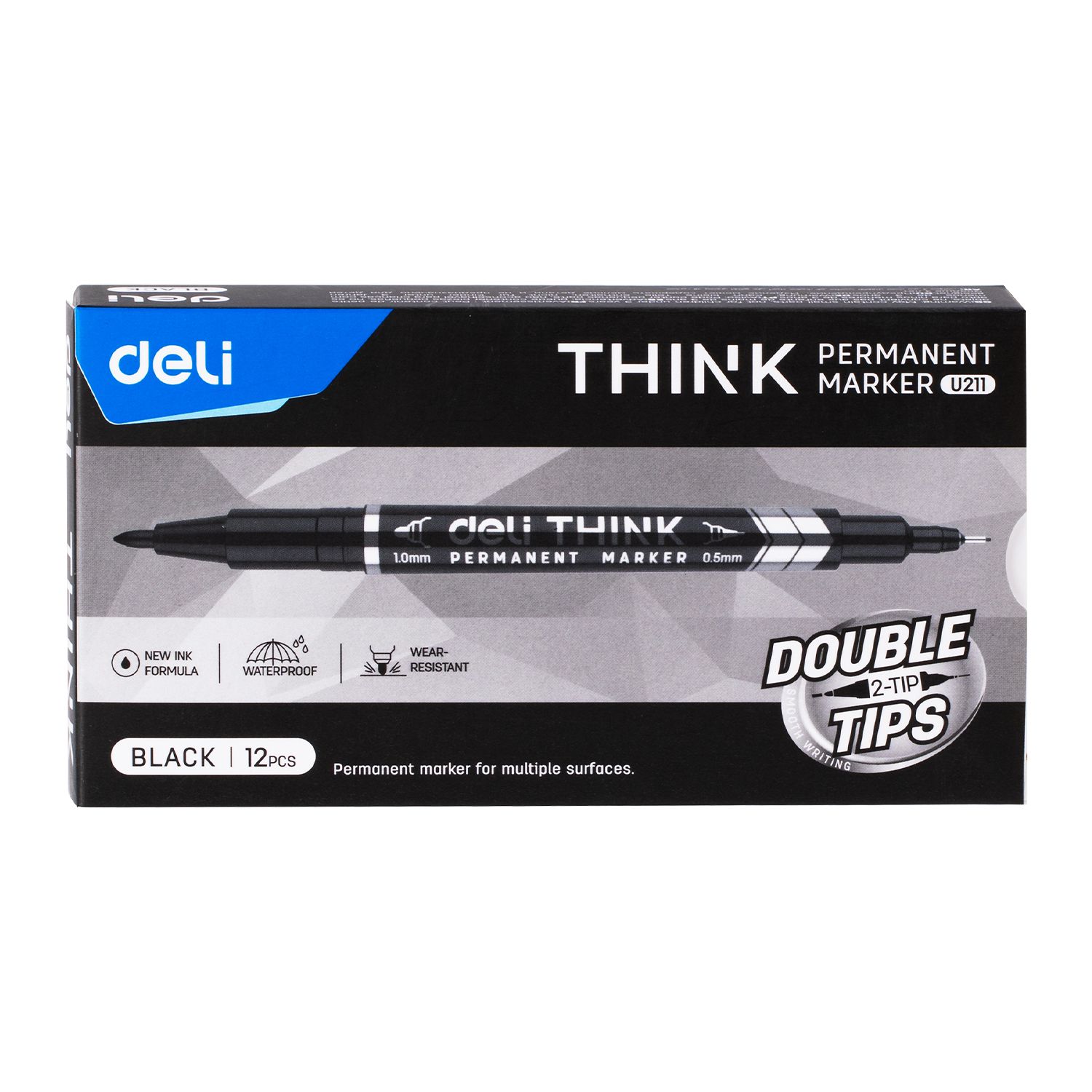 【Deli Official】  DELI U211 Think Double-Tip Permanent Markers(12pcs/pkt) Refillable with 0.5mm Fine & 1.0mm Bullet Tips Quick-Drying Waterproof Non-Toxic Ink f