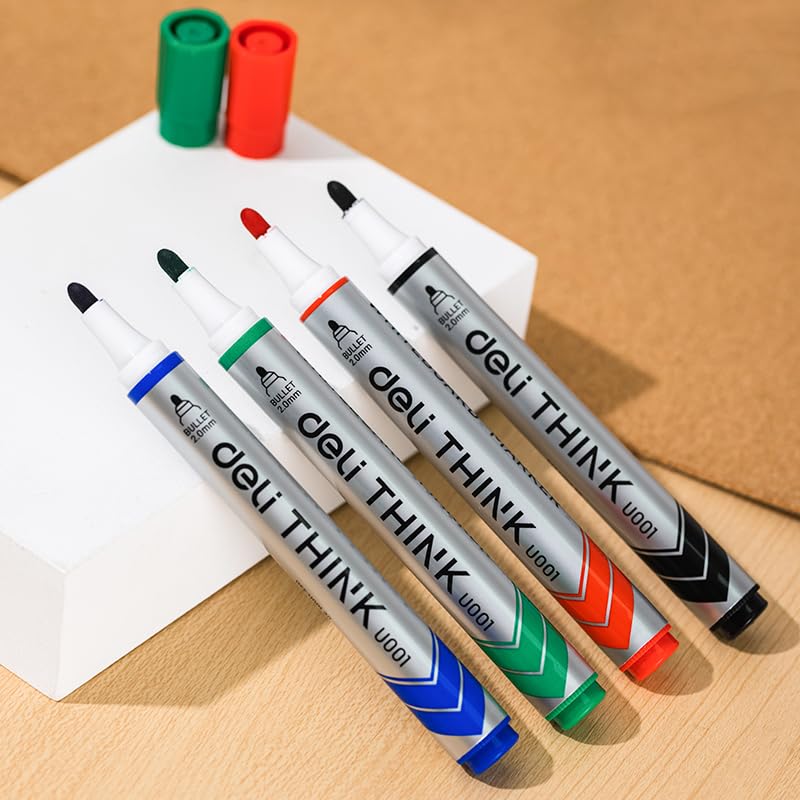 【Deli Official】 DELI U00101 Think Whiteboard Bullet Markers Blister-Pack Of 4PCS Assorted Colours (Black/Blue/Red/Green)