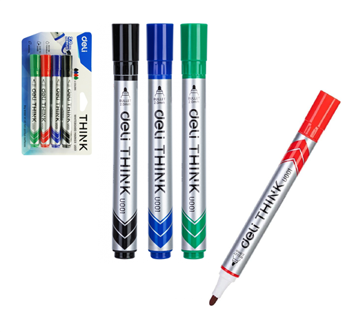 【Deli Official】 DELI U00101 Think Whiteboard Bullet Markers Blister-Pack Of 4PCS Assorted Colours (Black/Blue/Red/Green)