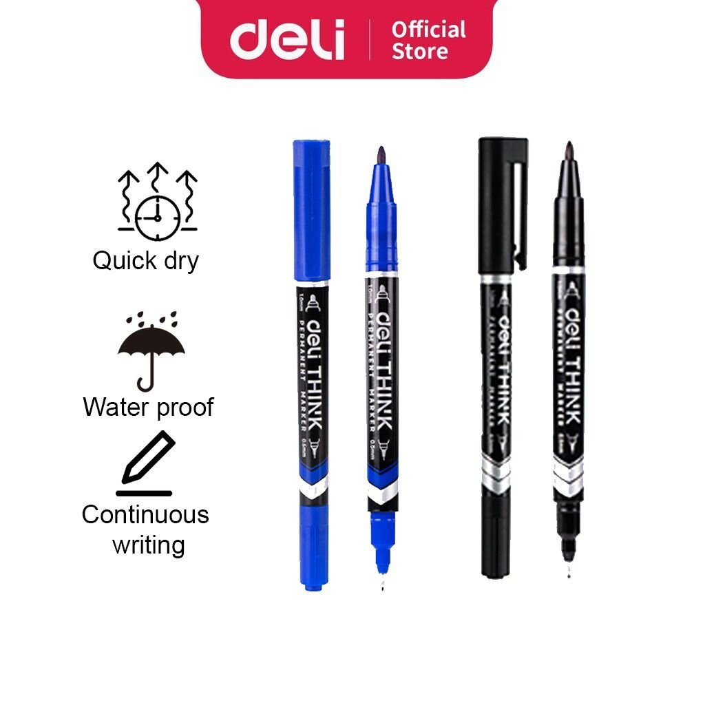 【Deli Official】  DELI U211 Think Double-Tip Permanent Markers(12pcs/pkt) Refillable with 0.5mm Fine & 1.0mm Bullet Tips Quick-Drying Waterproof Non-Toxic Ink f