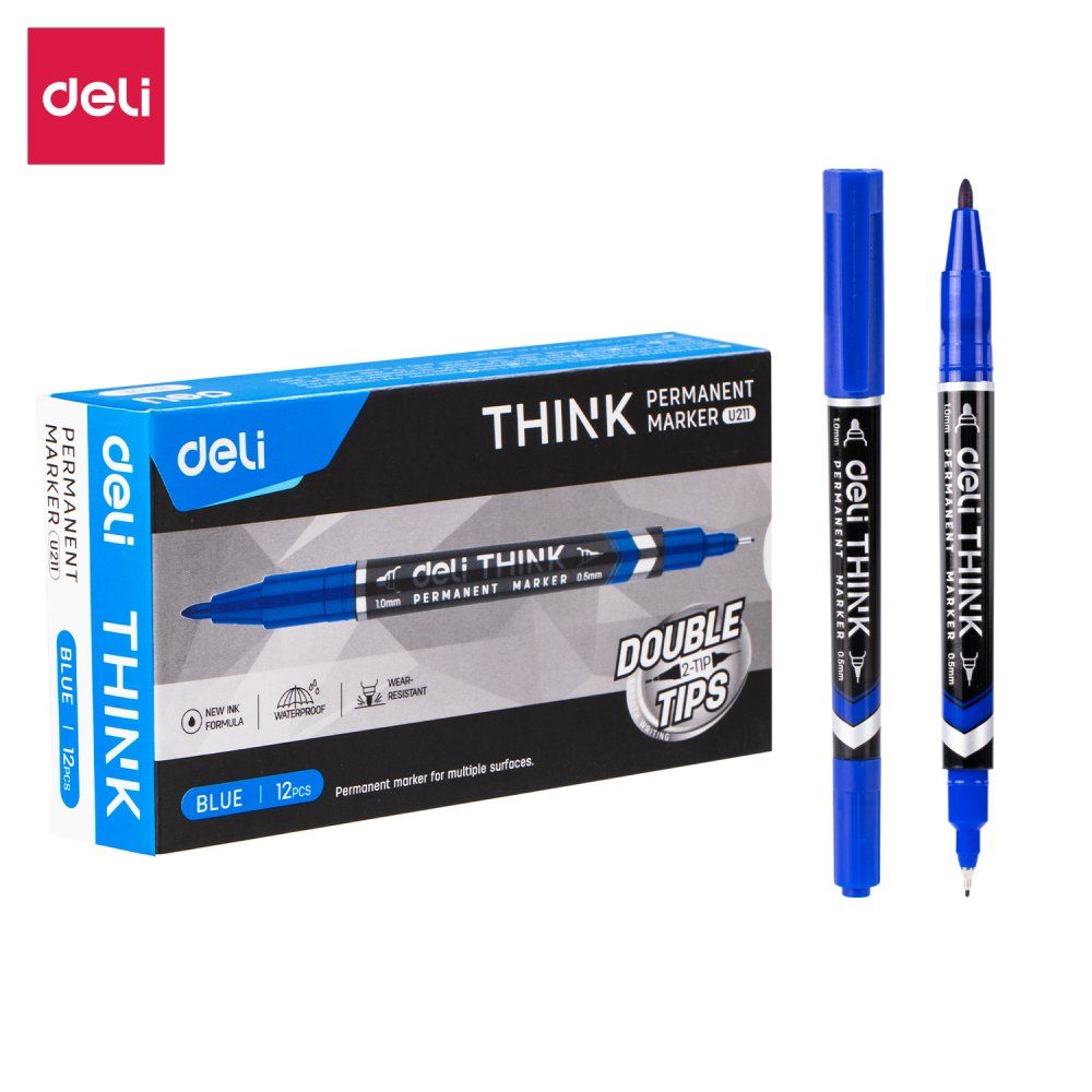 【Deli Official】  DELI U211 Think Double-Tip Permanent Markers(12pcs/pkt) Refillable with 0.5mm Fine & 1.0mm Bullet Tips Quick-Drying Waterproof Non-Toxic Ink f