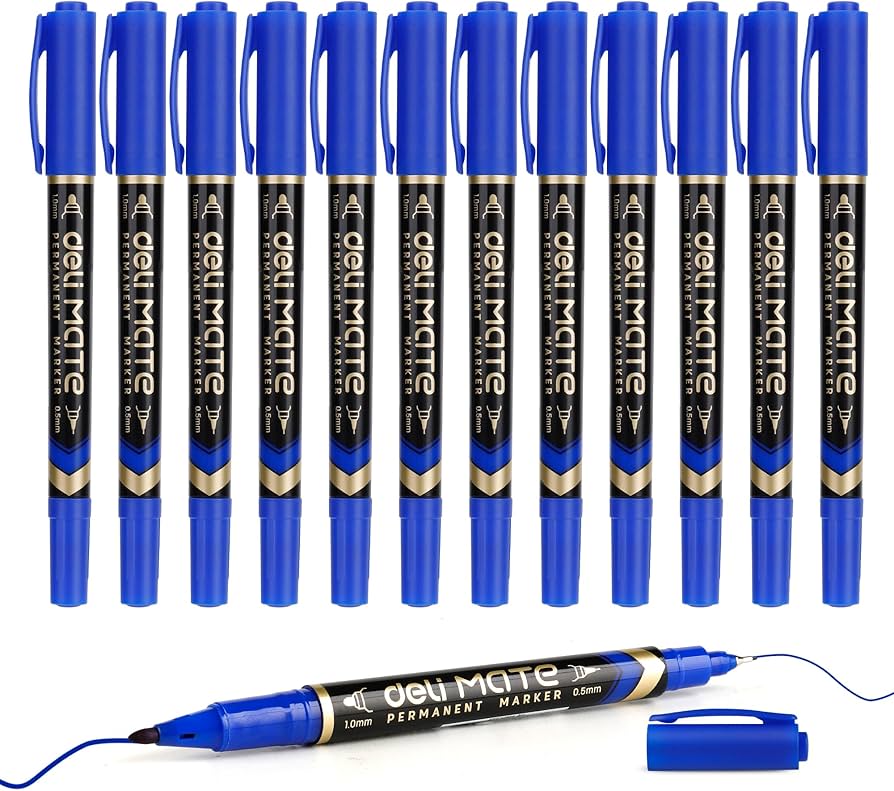 【Deli Official】  DELI U211 Think Double-Tip Permanent Markers(12pcs/pkt) Refillable with 0.5mm Fine & 1.0mm Bullet Tips Quick-Drying Waterproof Non-Toxic Ink f