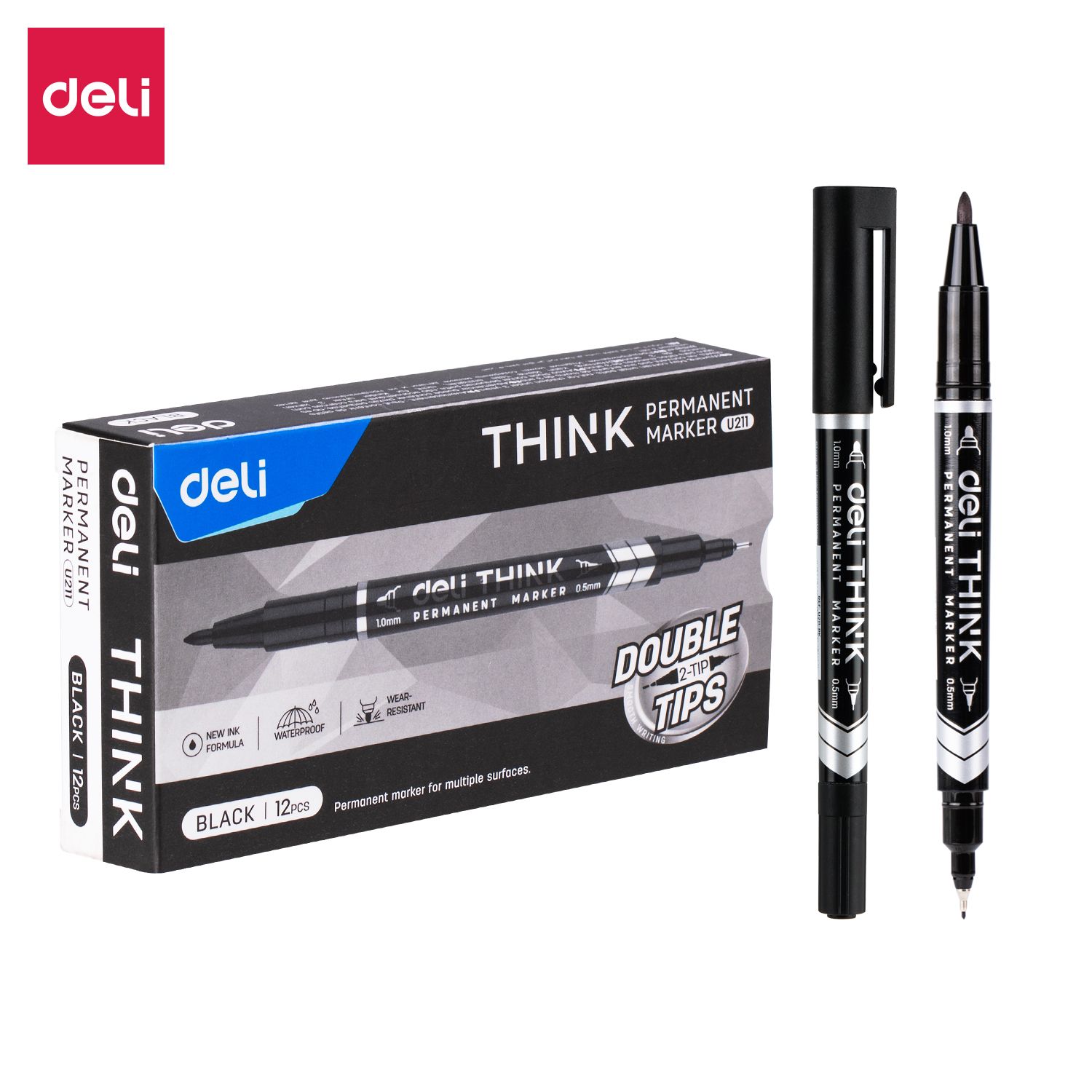 【Deli Official】  DELI U211 Think Double-Tip Permanent Markers(12pcs/pkt) Refillable with 0.5mm Fine & 1.0mm Bullet Tips Quick-Drying Waterproof Non-Toxic Ink f