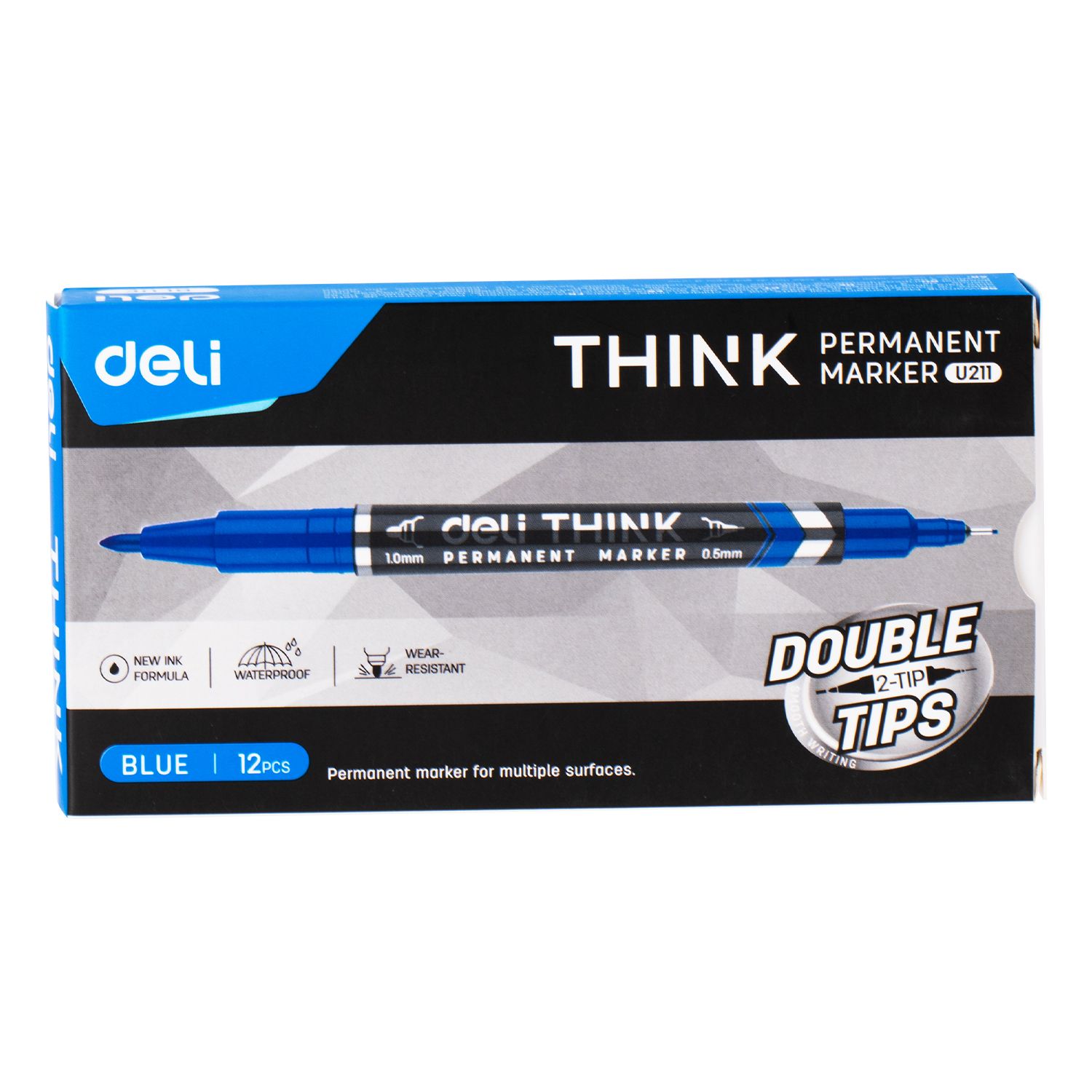 【Deli Official】  DELI U211 Think Double-Tip Permanent Markers(12pcs/pkt) Refillable with 0.5mm Fine & 1.0mm Bullet Tips Quick-Drying Waterproof Non-Toxic Ink f