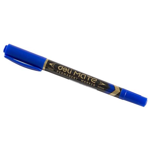 【Deli Official】 DELI U10430 Mate Double-Tip Permanent Markers - Blue (12pcs/pk) Refillable with 0.5mm Fine  1.0mm Bullet Tips Waterproof Quick-Drying Low-Odor Ink