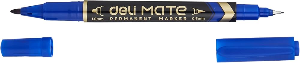 【Deli Official】 DELI U10430 Mate Double-Tip Permanent Markers - Blue (12pcs/pk) Refillable with 0.5mm Fine  1.0mm Bullet Tips Waterproof Quick-Drying Low-Odor Ink