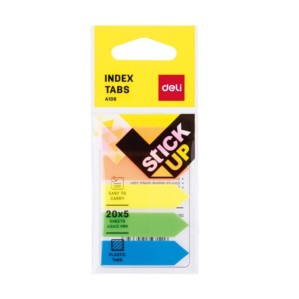 (EXCLUSIVE OFFER)DELI A10602 ARROW INDEX TABS 43x12mm 5x20SHEETS 5 COLOR Indexing & Page Markers Transparency Writing Surface