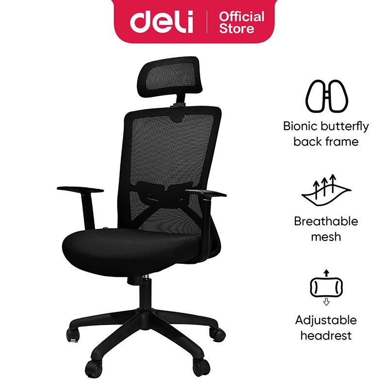 (EXCLUSIVE OFFER)DELI E4510 EXECUTIVE HIGHBACK MESH OFFICE CHAIR WITH HEAD-REST - WITH T-SHAPED ARMREST Ergonomic Design Breathable Mesh Material Adjustable Headrest