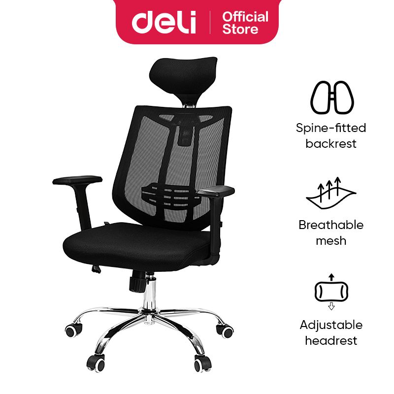 (EXCLUSIVE OFFER)DELI-Office Furniture DELI E4512 EXECUTIVE HIGHBACK ERGONOMIC MESH OFFICE CHAIR WITH HEAD-REST, CHROME BASE & T-SHAPED ARMREST Breathable Mesh Material