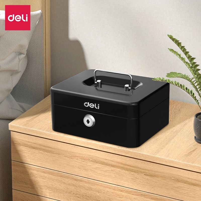 【Deli Official】 DELI-Office Equipment DELI T508 Cash Box (12" / 30 cm)  Heavy-Duty Steel Black Removable Coin Tray Lock Type