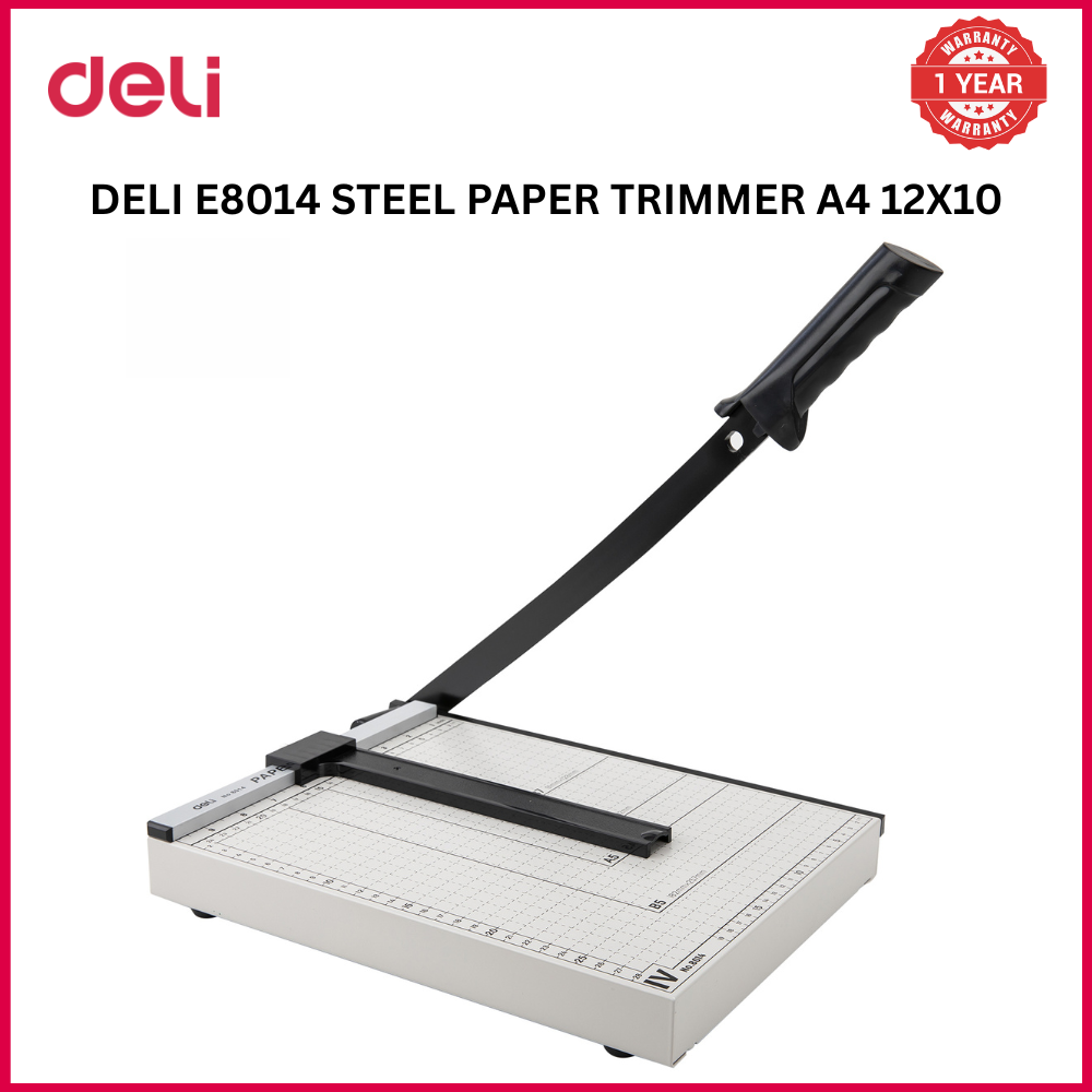 【Deli Official】DELI-Office Equipment  DELI E8014 STEEL PAPER TRIMMER A4 12x10 - Guillotine Cutter, 12-Sheet Capacity, Steel Base, Anti-Slip Feet Metric & Inch Scale Safety Lock