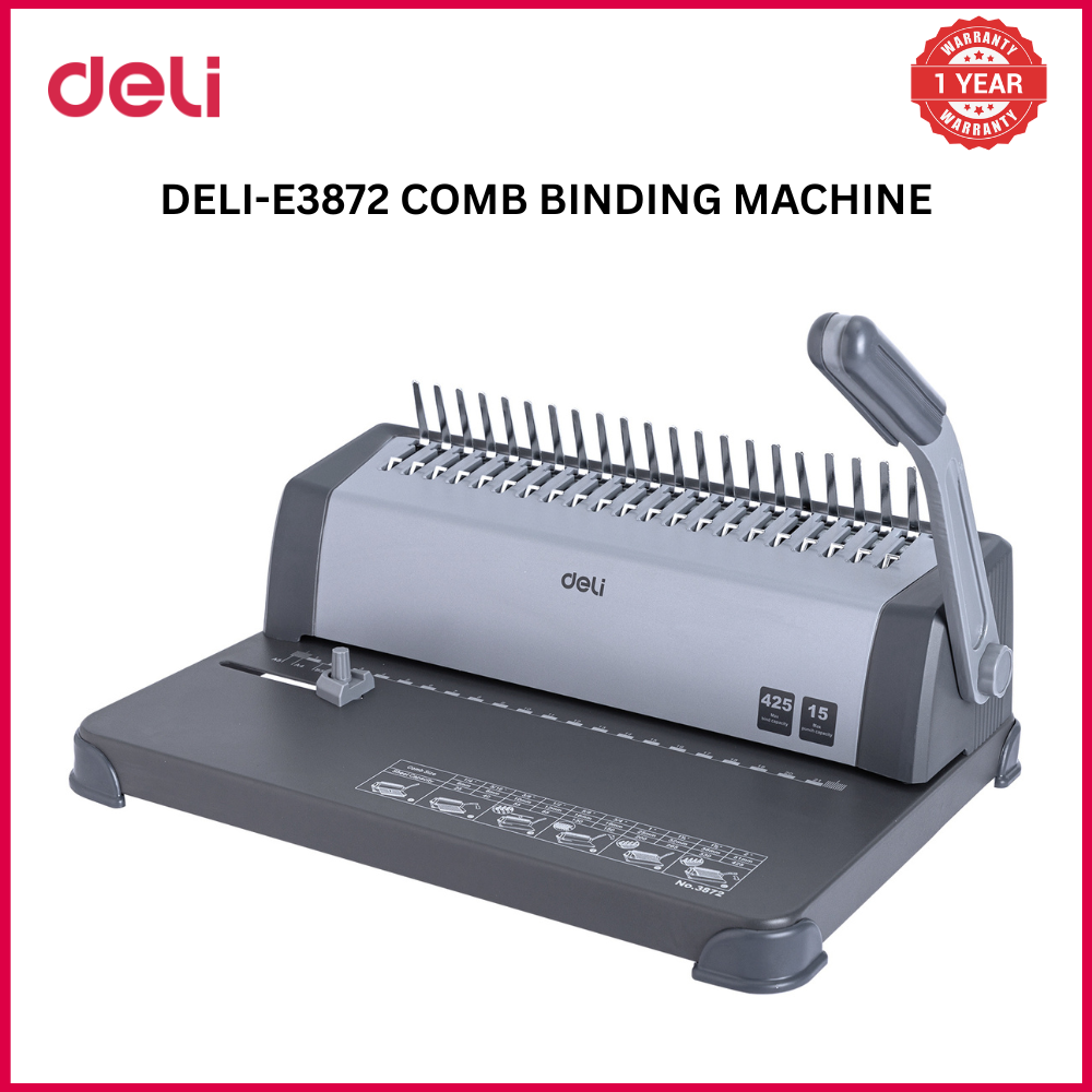 【Deli Official】DELI-Office Equipment DELI 3872 BINDING MACHINE STEEL - PUNCH CAPACITY = 15 SHEETS / BIND CAPACITY 15-Sheet Punch, 425-Sheet Bind Capacity, Adjustable Margin, Heavy-Duty