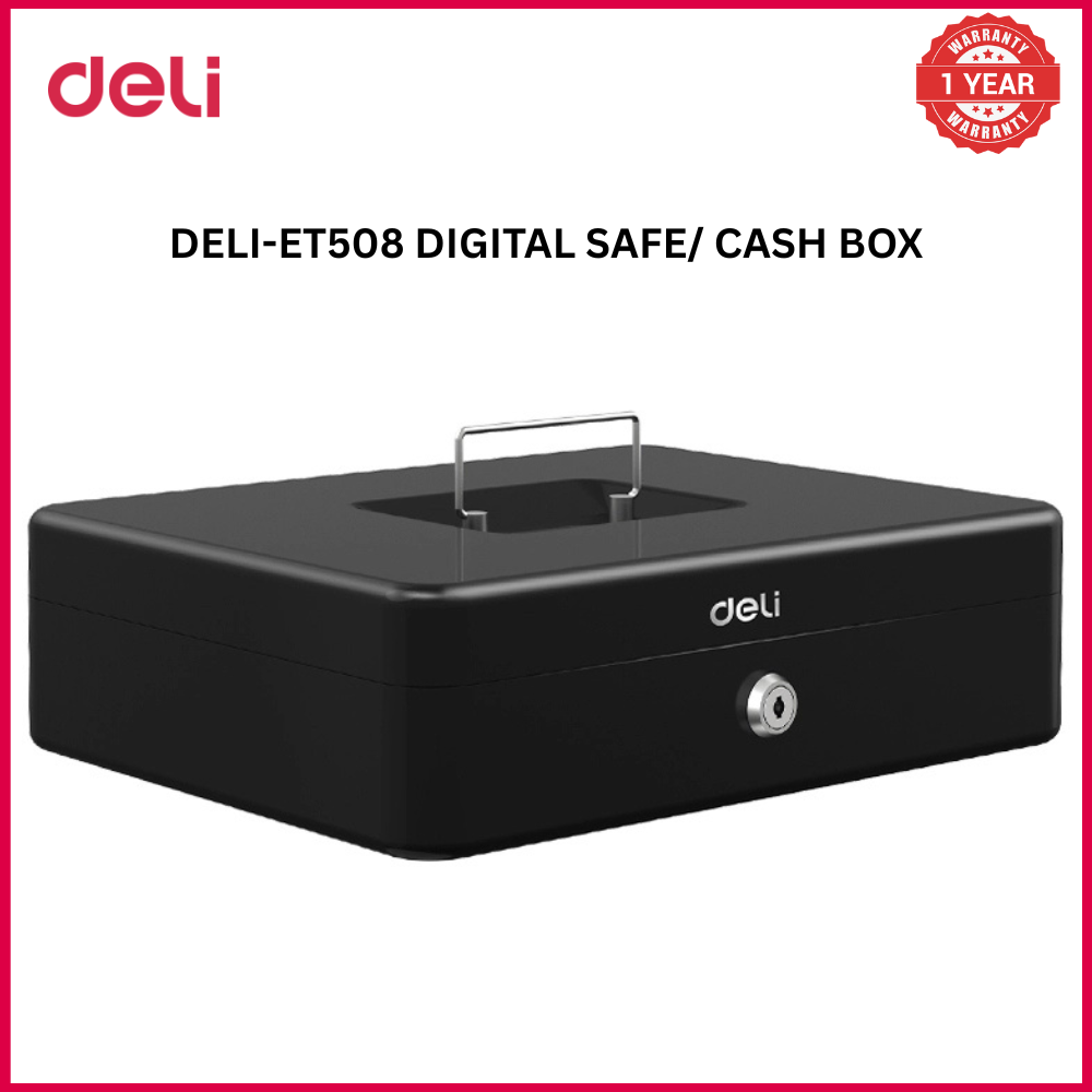 【Deli Official】 DELI-Office Equipment DELI T508 Cash Box (12" / 30 cm)  Heavy-Duty Steel Black Removable Coin Tray Lock Type