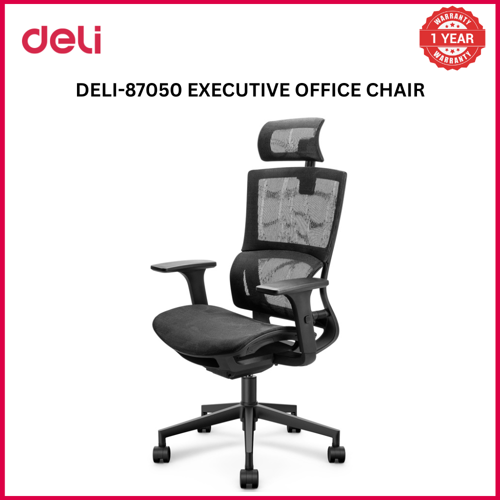 [Limited Sale]DELI-Office Furniture DELI 87050 EXECUTIVE HIGHBACK ERGONOMIC MESH OFFICE CHAIR WITH HEAD-REST Adjustable Headrest T-Shaped Armrests