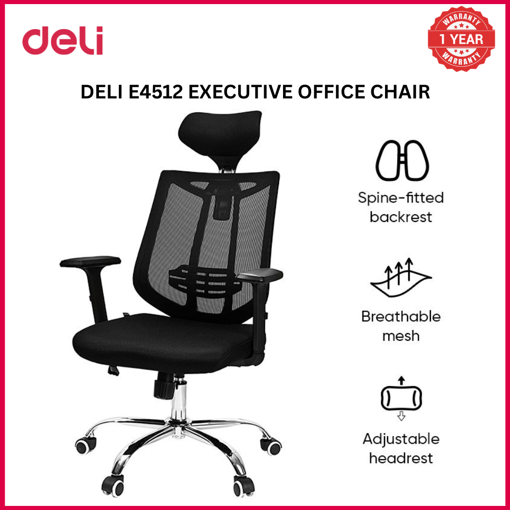 (EXCLUSIVE OFFER)DELI-Office Furniture DELI E4512 EXECUTIVE HIGHBACK ERGONOMIC MESH OFFICE CHAIR WITH HEAD-REST, CHROME BASE & T-SHAPED ARMREST Breathable Mesh Material
