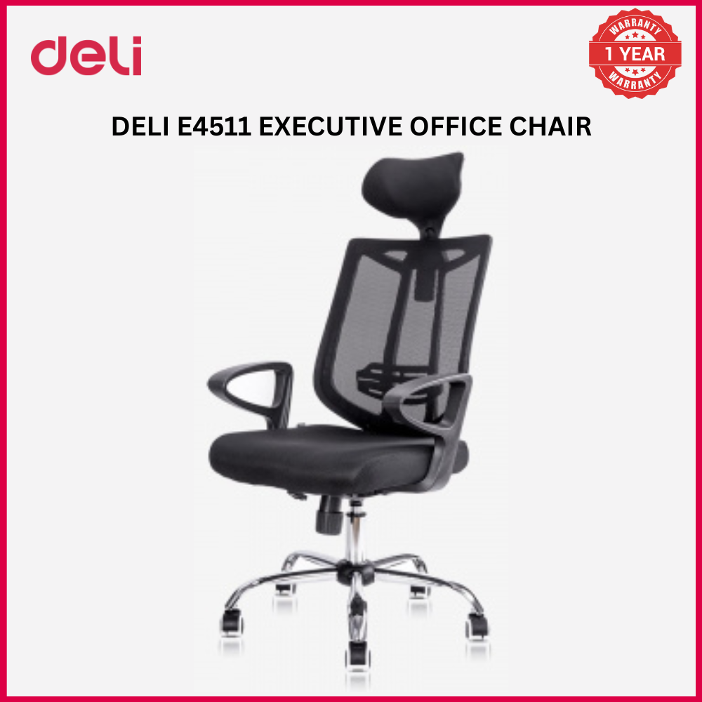 (EXCLUSIVE OFFER)DELI-Office Furniture DELI E4511 EXECUTIVE HIGHBACK ERGONOMIC MESH OFFICE CHAIR WITH HEAD-REST & CHROME BASE Adjustable Headrest & Chrome Base