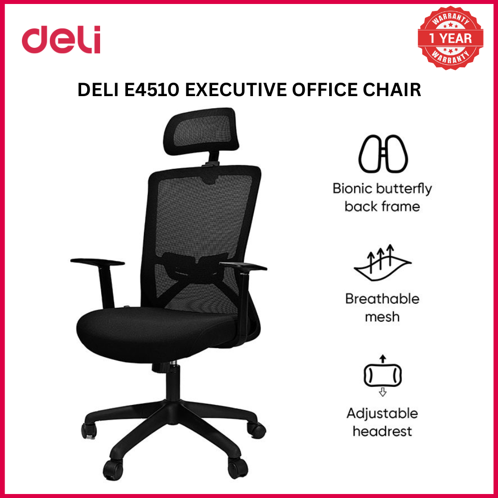 (EXCLUSIVE OFFER)DELI E4510 EXECUTIVE HIGHBACK MESH OFFICE CHAIR WITH HEAD-REST - WITH T-SHAPED ARMREST Ergonomic Design Breathable Mesh Material Adjustable Headrest