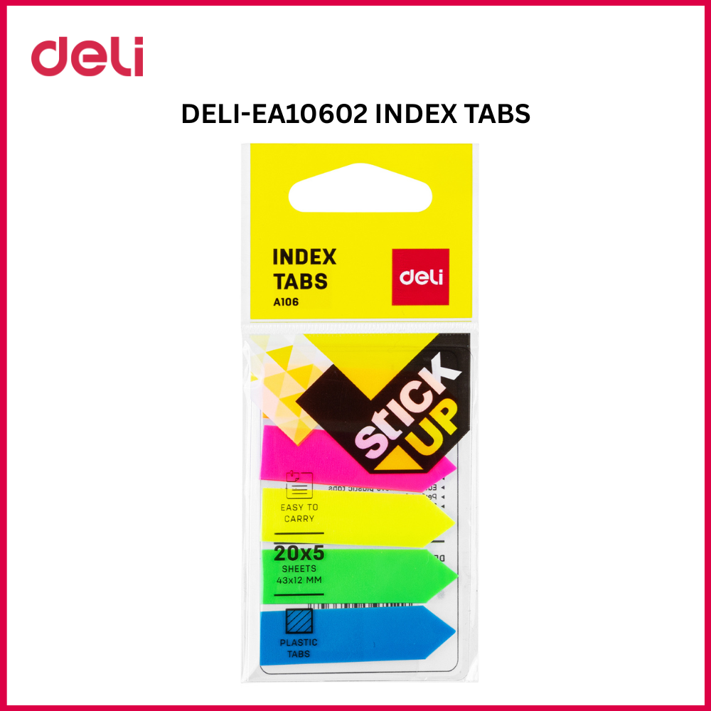 (EXCLUSIVE OFFER)DELI A10602 ARROW INDEX TABS 43x12mm 5x20SHEETS 5 COLOR Indexing & Page Markers Transparency Writing Surface