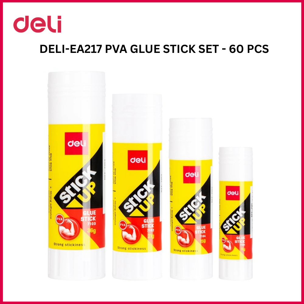 【Deli Official】 Deli EA217 PVA Glue Stick Set - 60 PCS Multi-Sized Sticks for Crafts & Office Use Assorted Sizes (9g, 15g, 21g, 36g)  Non-Toxic Eco-Friendly Quick-Drying