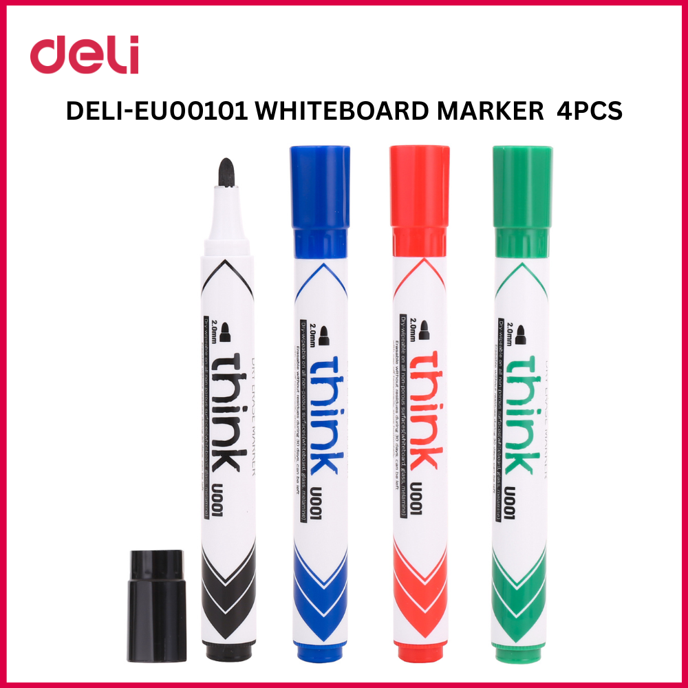 【Deli Official】 DELI U00101 Think Whiteboard Bullet Markers Blister-Pack Of 4PCS Assorted Colours (Black/Blue/Red/Green)