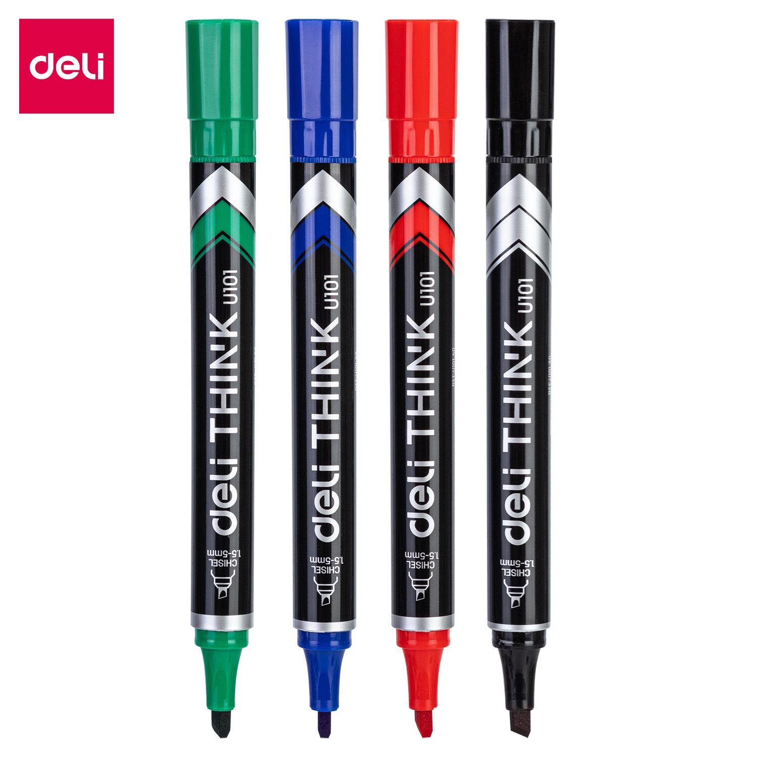 【Deli Official】DELI U10101 Think Permanent Marker Blister Pack of 4pcs Assorted (Black/Blue/Red/Green) Colors - Chisel Tip 1.5-5mm Quick-Drying, Water-Resistant Low-Odor Ink for Multi-Surface Use