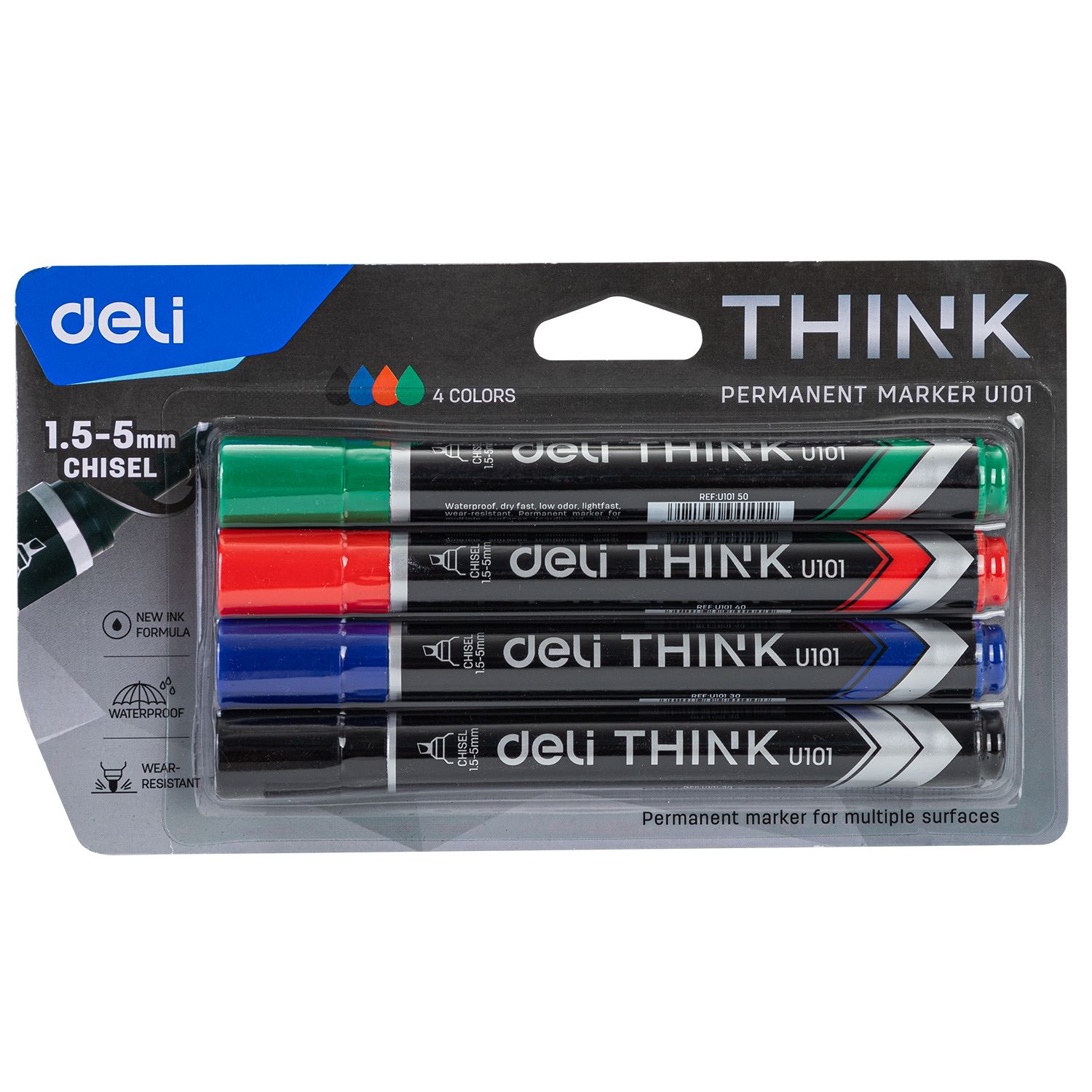 【Deli Official】DELI U10101 Think Permanent Marker Blister Pack of 4pcs Assorted (Black/Blue/Red/Green) Colors - Chisel Tip 1.5-5mm Quick-Drying, Water-Resistant Low-Odor Ink for Multi-Surface Use