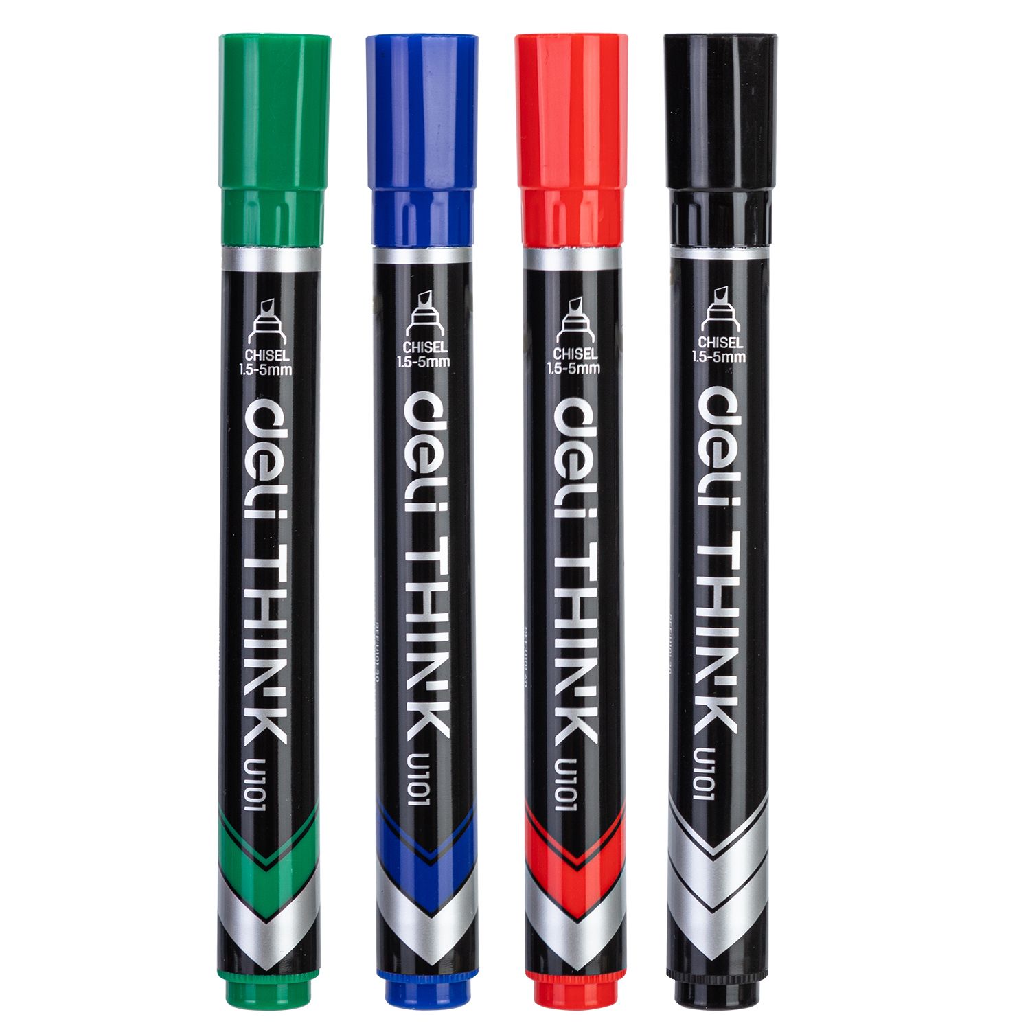 【Deli Official】DELI U10101 Think Permanent Marker Blister Pack of 4pcs Assorted (Black/Blue/Red/Green) Colors - Chisel Tip 1.5-5mm Quick-Drying, Water-Resistant Low-Odor Ink for Multi-Surface Use