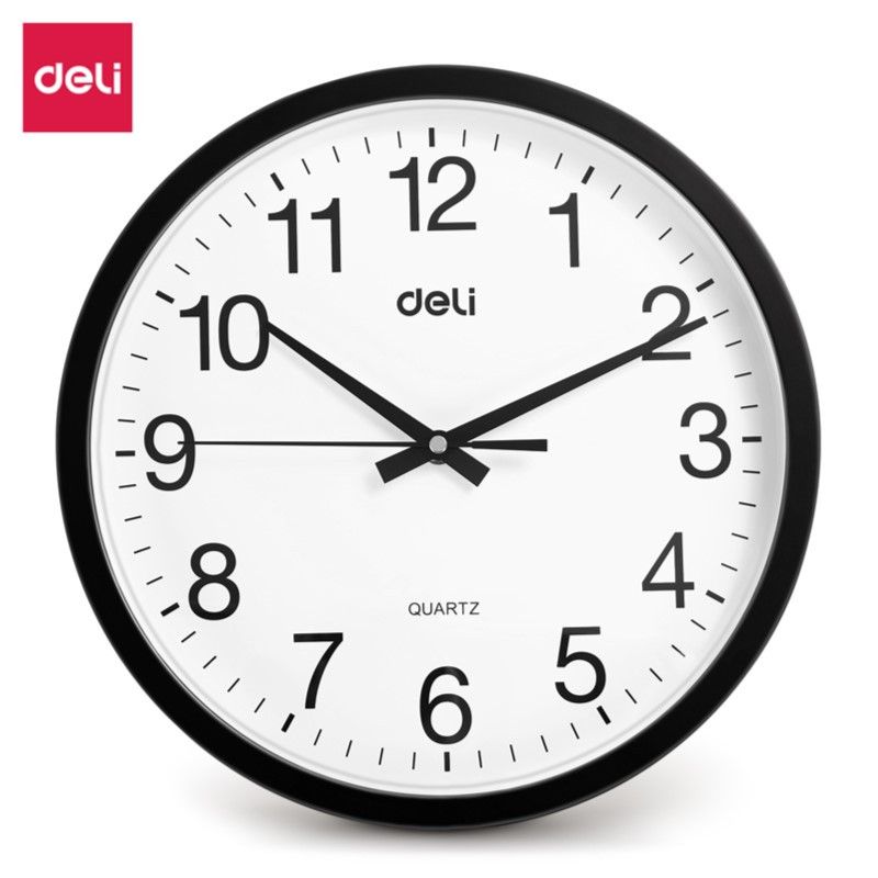 [ Special Deal ] Deli -Office Supplies Deli 9005 Wall Clock Black 30CM Dia Large & Clear Display  Silent Quartz Movement  Easy Wall Mounting Accurate Timekeeping
