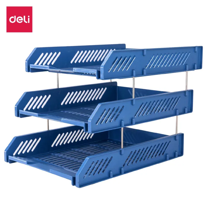 【Special Deal】 Deli E9209 Plastic Tray (3 TIER) - Blue Hollow-out Design Smooth Arc Edges Durable and Resistant to Deformation