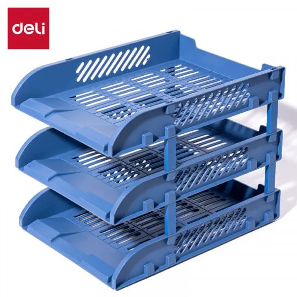 【Special Deal】 Deli 9213-BL Plastic Tray - (3 Tier) - Blue Stackable Structure Durable Plastic Construction Ventilated Tray Design
