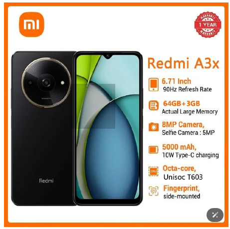 XIAOMI Redmi A3X 6.71" 64GB+3GB RAM 4G Network 5000mAh Battery 8MP AI Camera 10W Fast Charging Fingerprint Sensor Android 14 Smart Phones